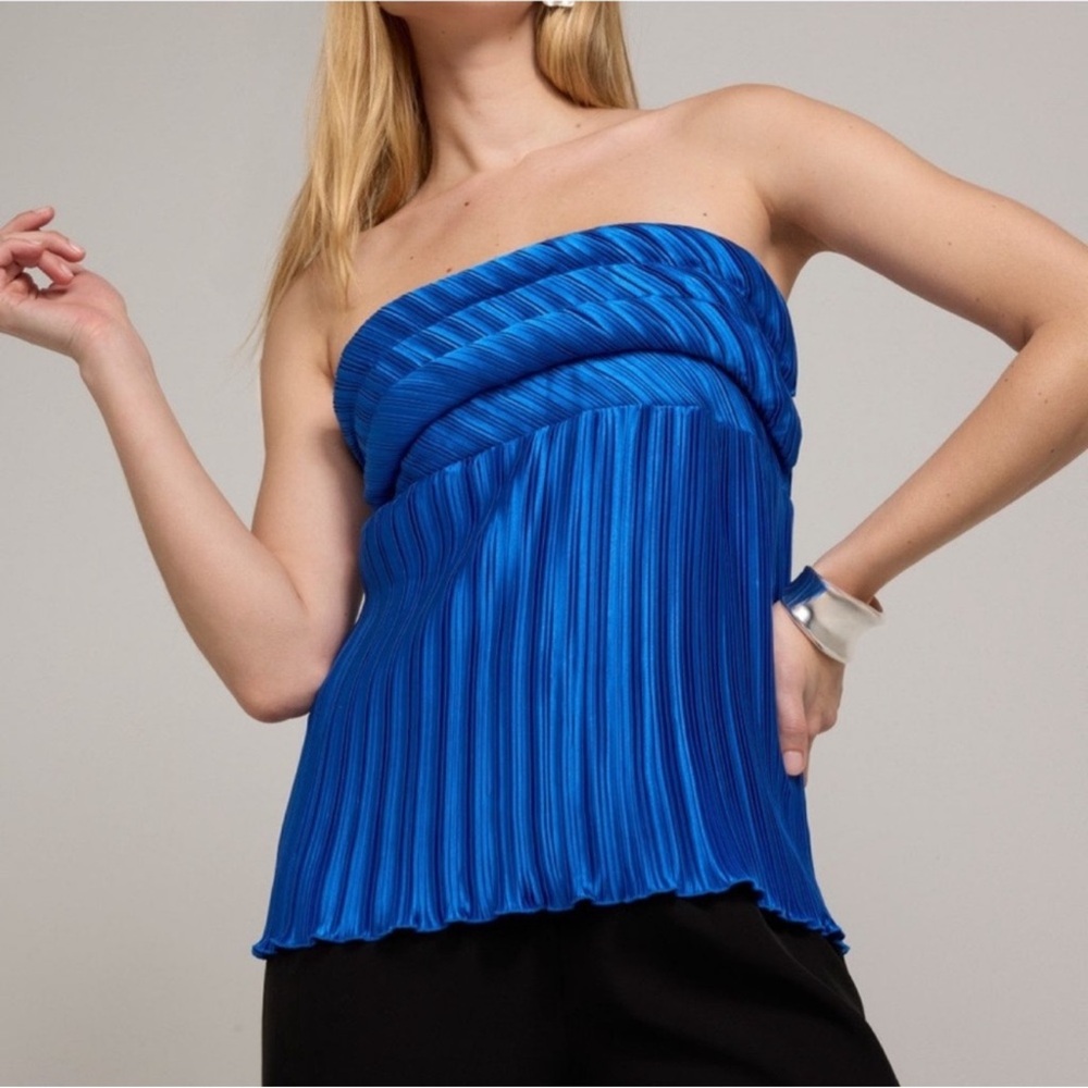 L’IDEE Vacances Plissé Strapless Top Moroccan Blue 8 NWT